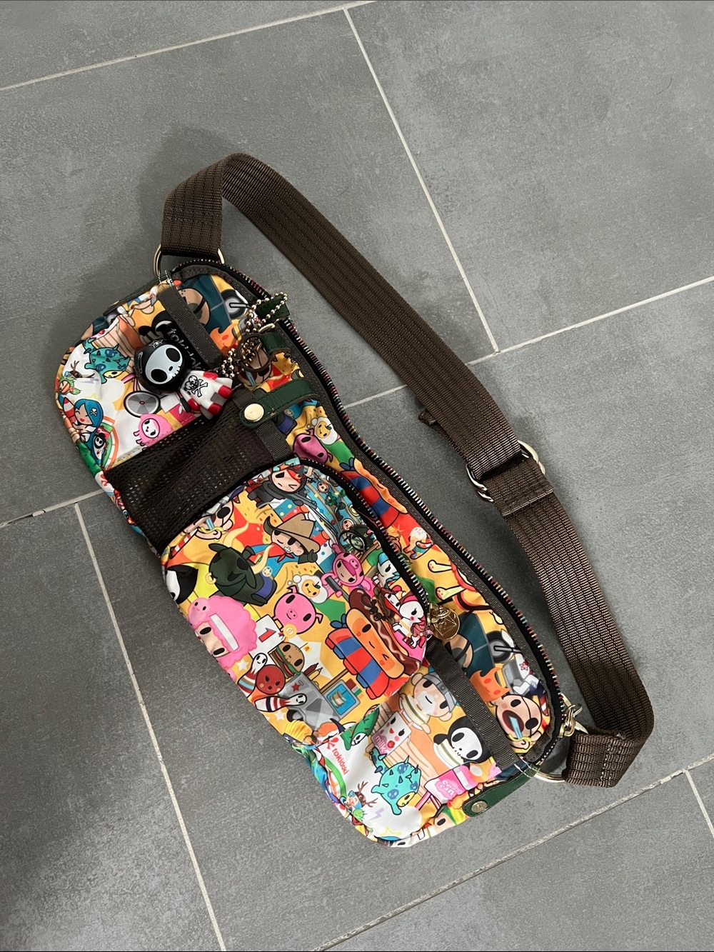 Tokidoki Colorful Character Print Crossbody Sling Bag - Brown Strap